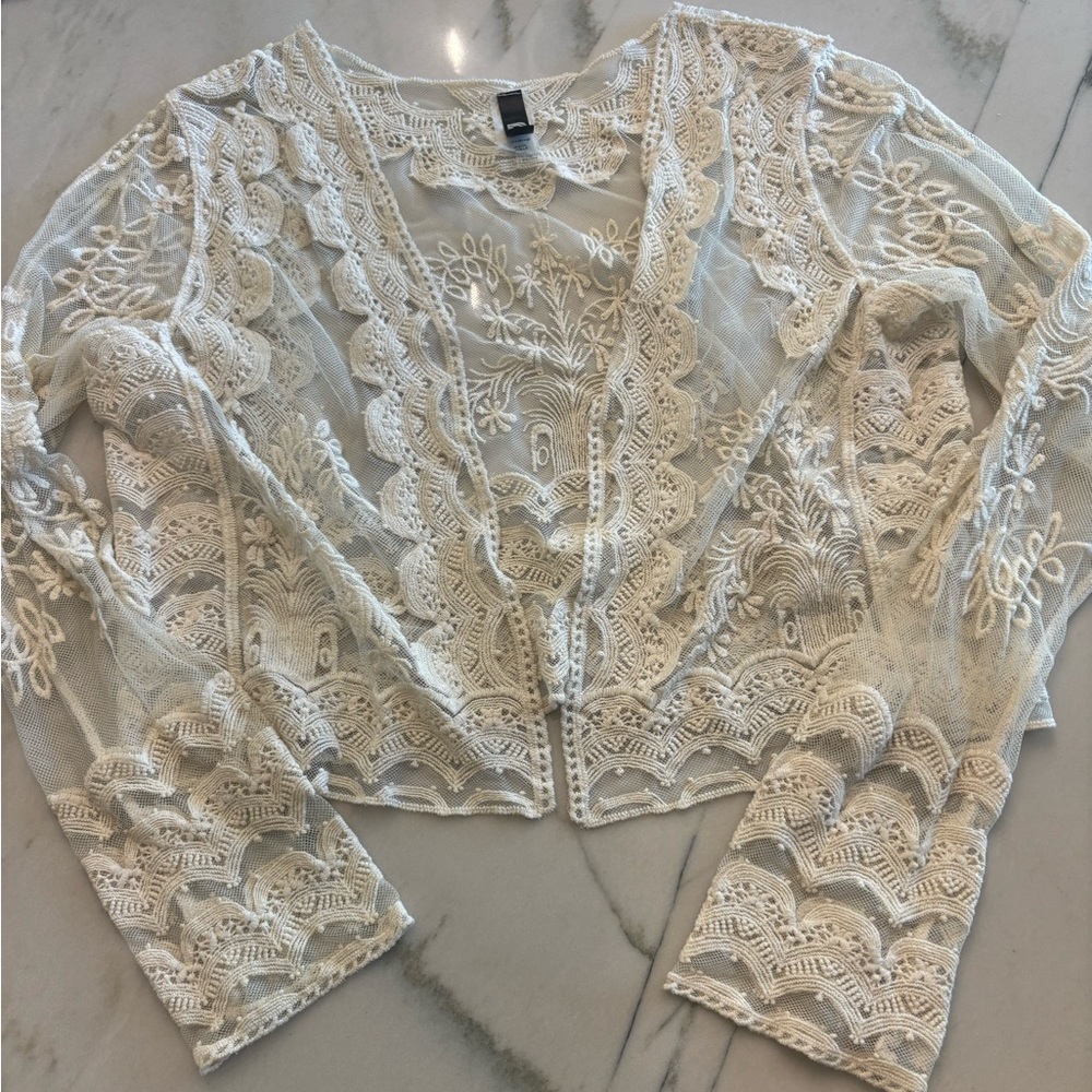 Lace Cardigan Boho Ivory Sheer Bell Sleeve Fairy Festival Bridal Top